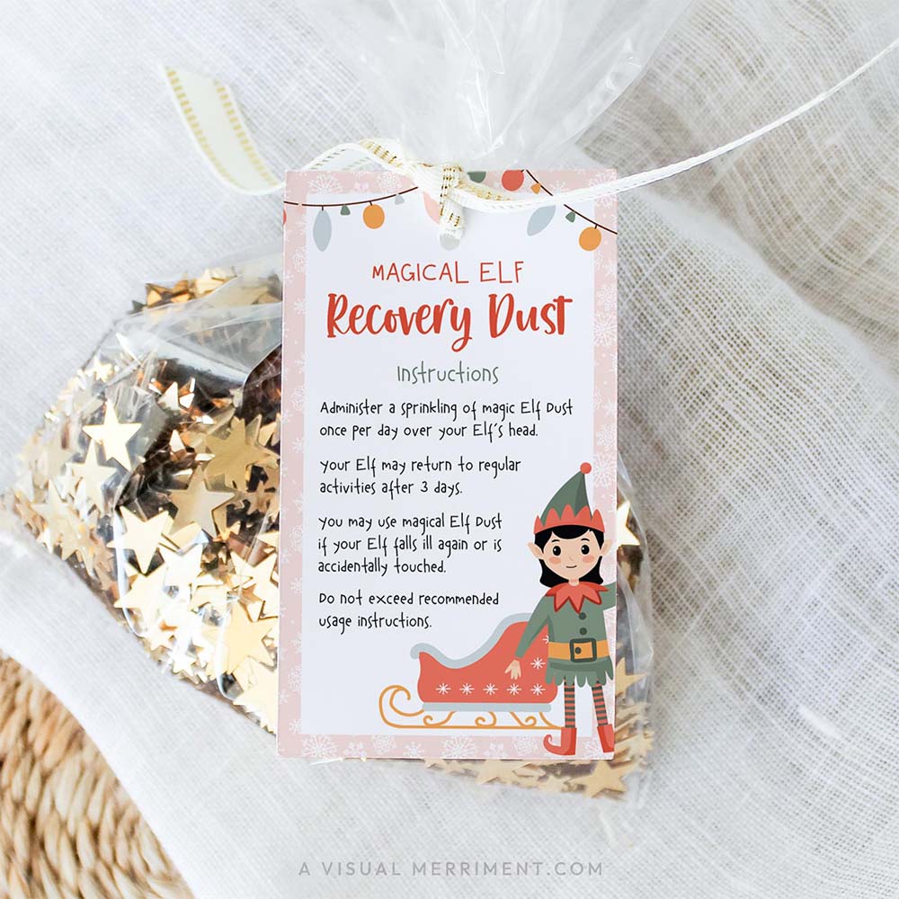 girl elf on the shelf touched magic dust gift tag tied to bag of glitter sparkles
