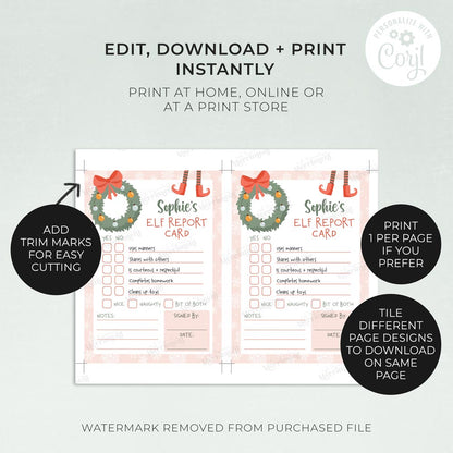 2 printed girl christmas elf report cards with editing instructions