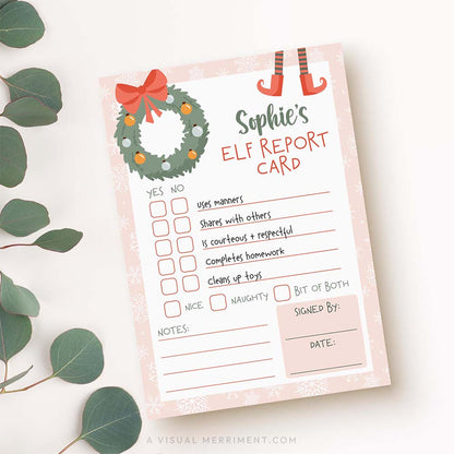 Printable girl elf on the shelf report card with eucalyptus leaves