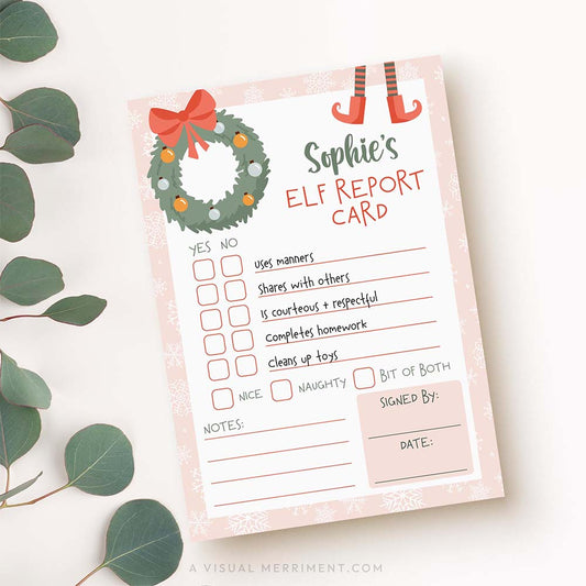 Printable girl elf on the shelf report card with eucalyptus leaves
