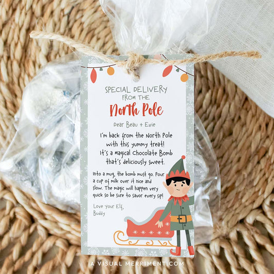 Printable elf on the shelf hot chocolate bomb gift tag on bag of treats