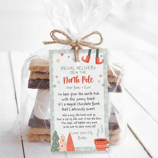 Printable elf on the shelf hot chocolate bomb gift tag on bag of smore treats