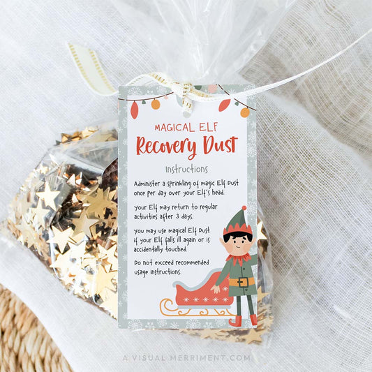 vertical elf on the shelf recovery magic dust gift tag tied to bag of glitter sparkles