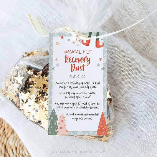 elf on the shelf touched magic dust gift tag tied to bag of glitter sparkles