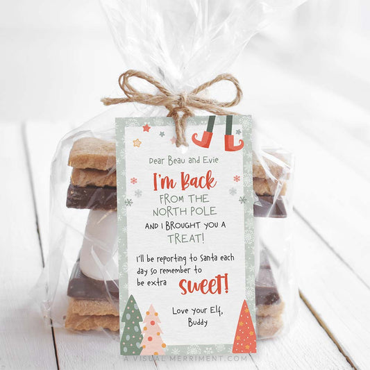 Printable elf on the shelf i’m back christmas trees gift tag on bag of smore treats
