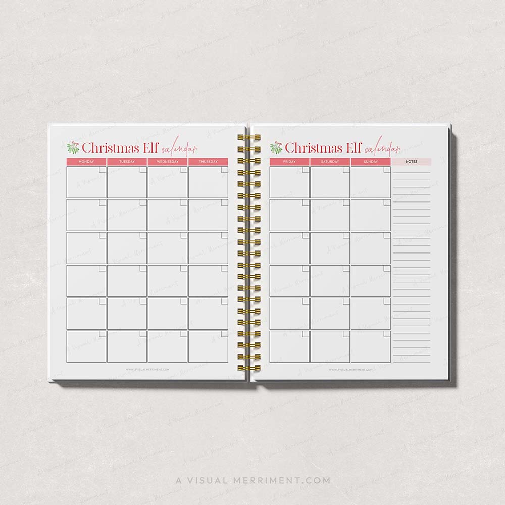 red elf on the shelf calendar pages open in binder