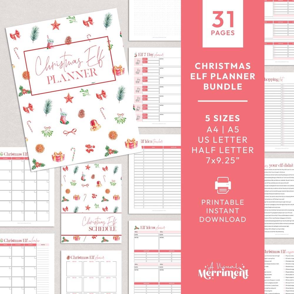 Red christmas printable elf on the shelf planner bundle 31 pages graphic