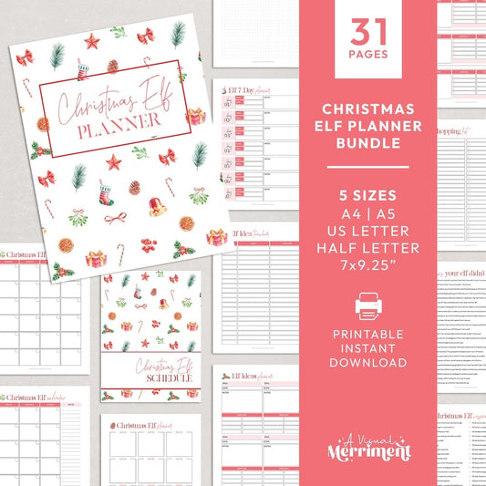 Red christmas printable elf on the shelf planner bundle 31 pages graphic