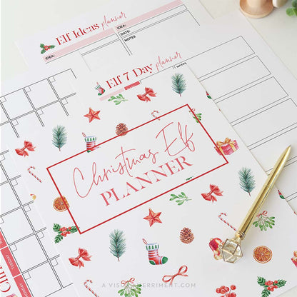 Red christmas elf planner bundle pages laid out with gold pen