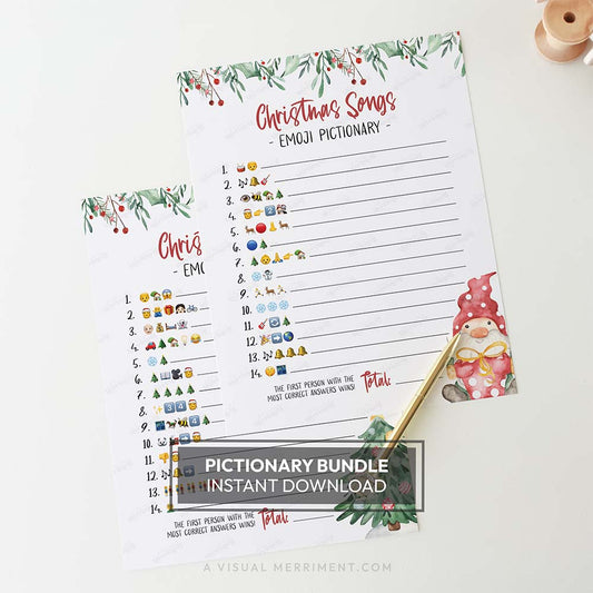 Watercolor gnome printable christmas game bundle emoji pictionary 2 pages with pen