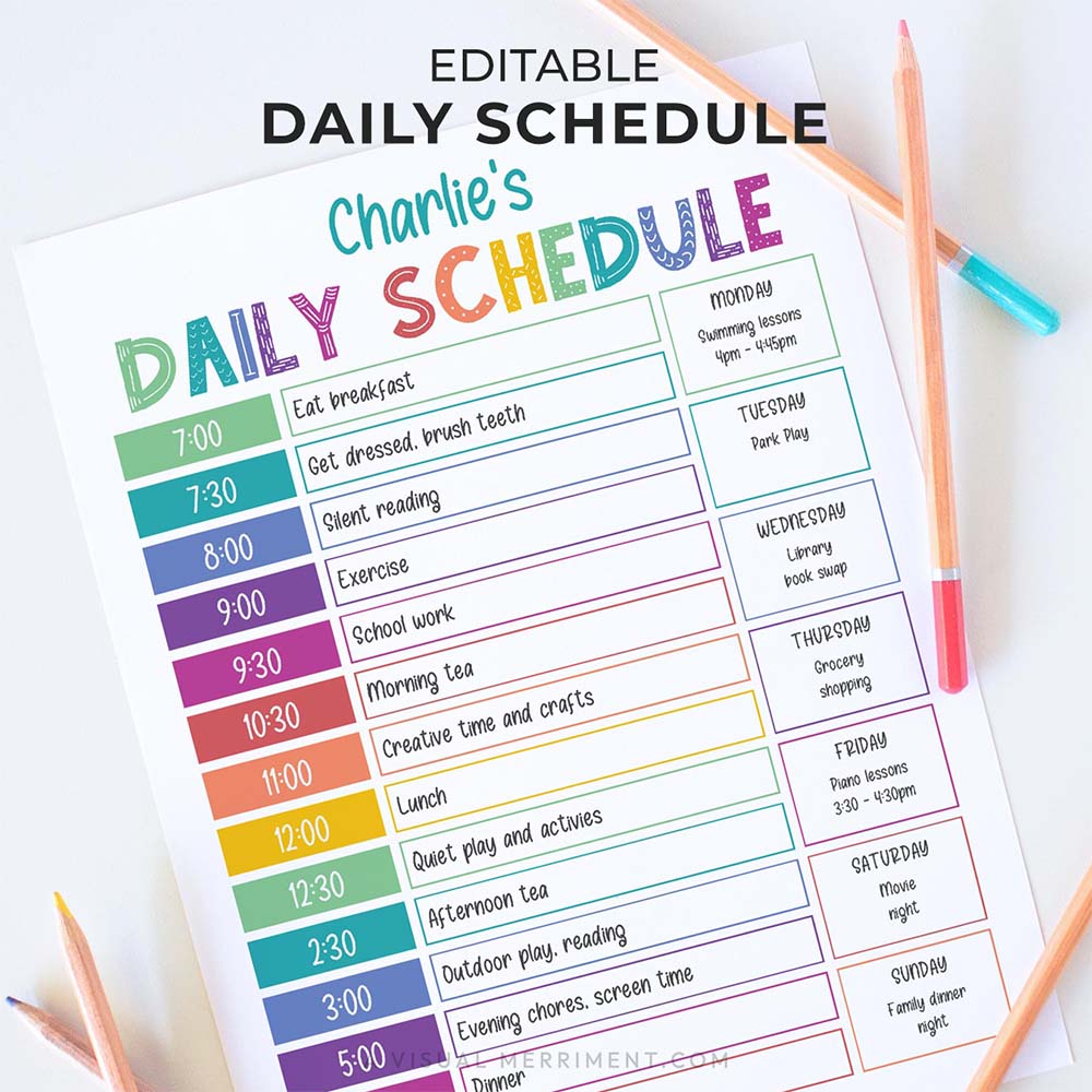 editable printable kids rainbow daily schedule with pencils