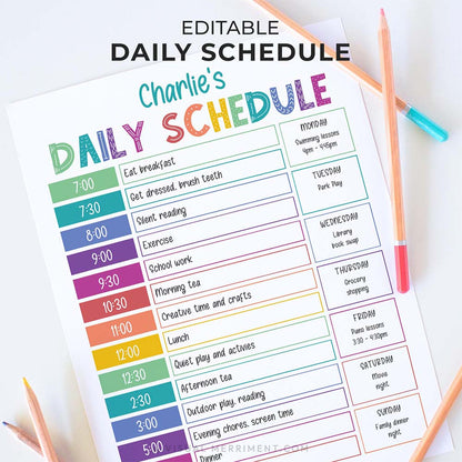 editable printable kids rainbow daily schedule with pencils