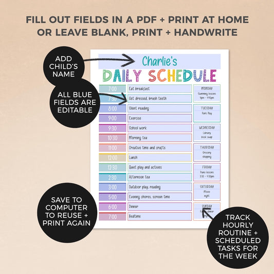 instructions for how to edit rainbow editable daily schedule PDF page