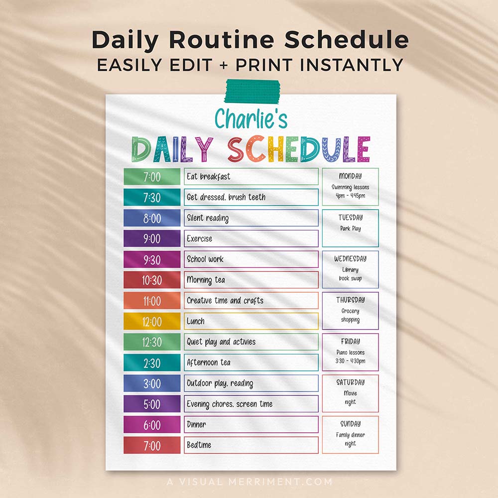 editable printable kids rainbow daily schedule template page