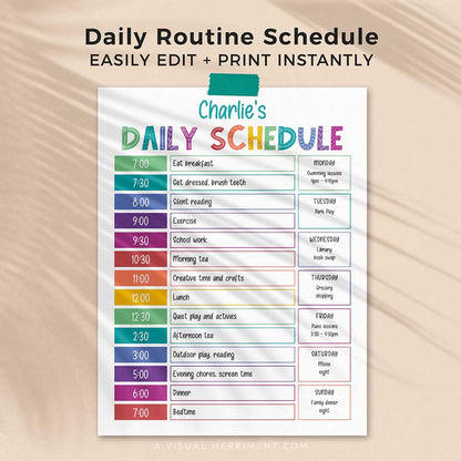 editable printable kids rainbow daily schedule template page