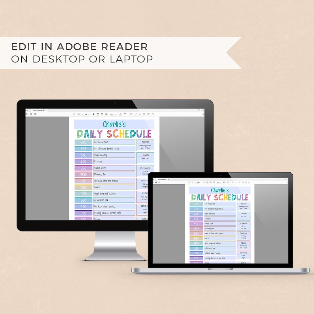 Editing rainbow daily schedule PDF on computer and laptop screens