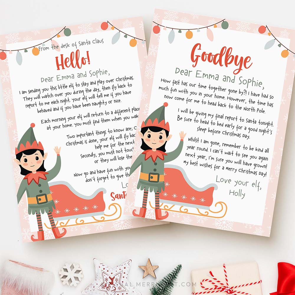 girl elf on the shelf hello & goodbye printable letter templates
