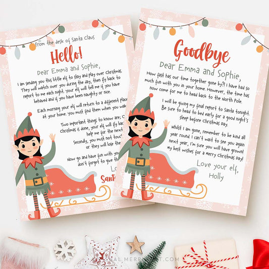 girl elf on the shelf hello & goodbye printable letter templates