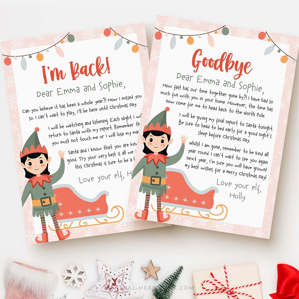 christmas pink elf on the shelf I'm back & goodbye printable letter templates