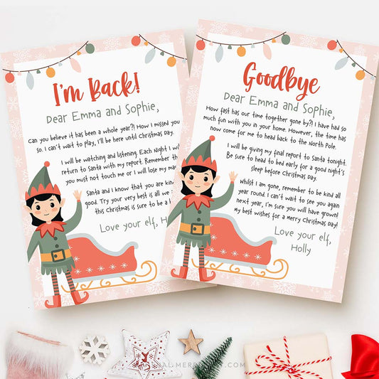 christmas pink elf on the shelf I'm back & goodbye printable letter templates