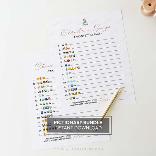 Modern tree design printable christmas game bundle emoji pictionary 2 pages with pen