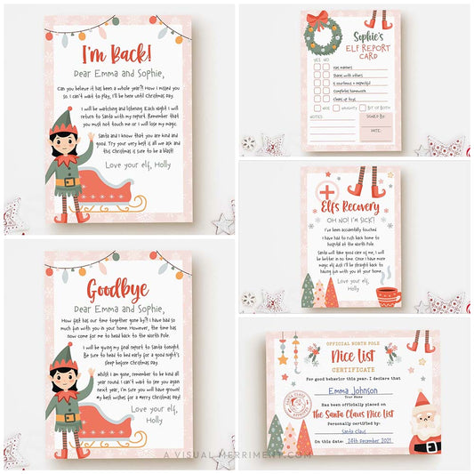 Collage of pink girl Christmas themed printables including letters, reports & certificates with elf graphics