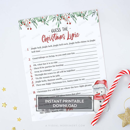 Watercolor snowman printable christmas game sheet - guess the christmas lyric questions