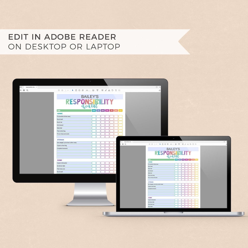 Editing rainbow editable responsibility checklist on computer and laptop screens