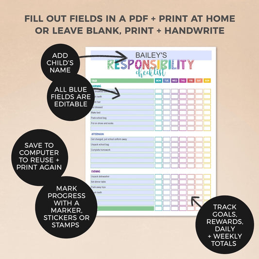 instructions for how to edit rainbow editable responsibility checklist PDF