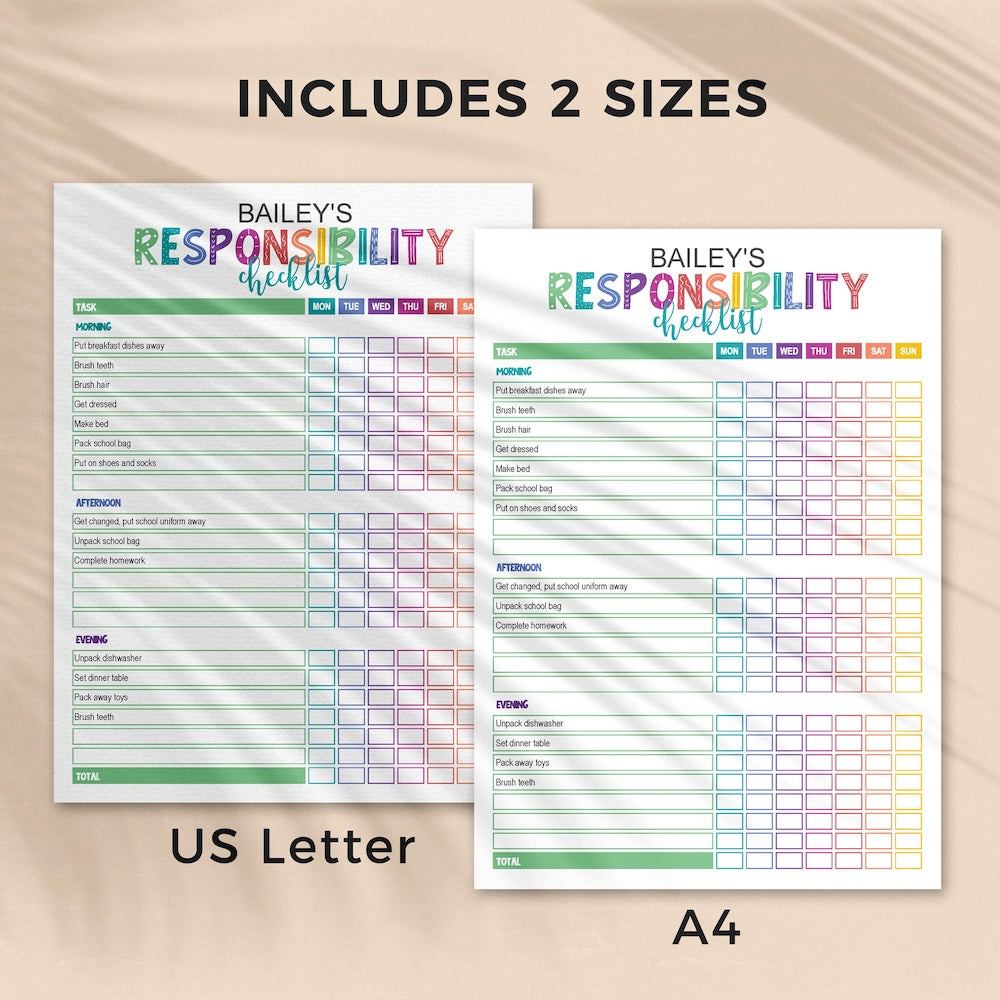editable rainbow responsbility checklist PDF pages in 2 sizes - A4 and 8.5x11