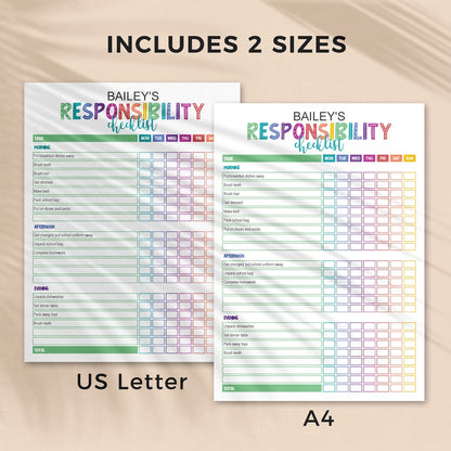 editable rainbow responsbility checklist PDF pages in 2 sizes - A4 and 8.5x11