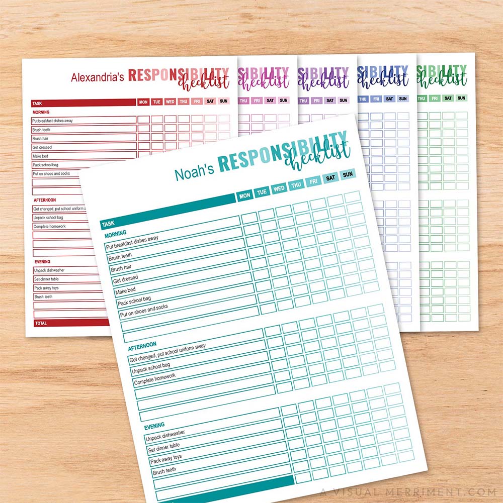 set of 6 color-coded editable responsibility checklist PDFs bundle