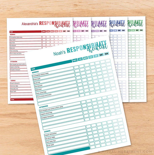 set of 6 color-coded editable responsibility checklist PDFs bundle