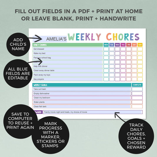 How to edit rainbow landscape editable weekly chore chart PDF page