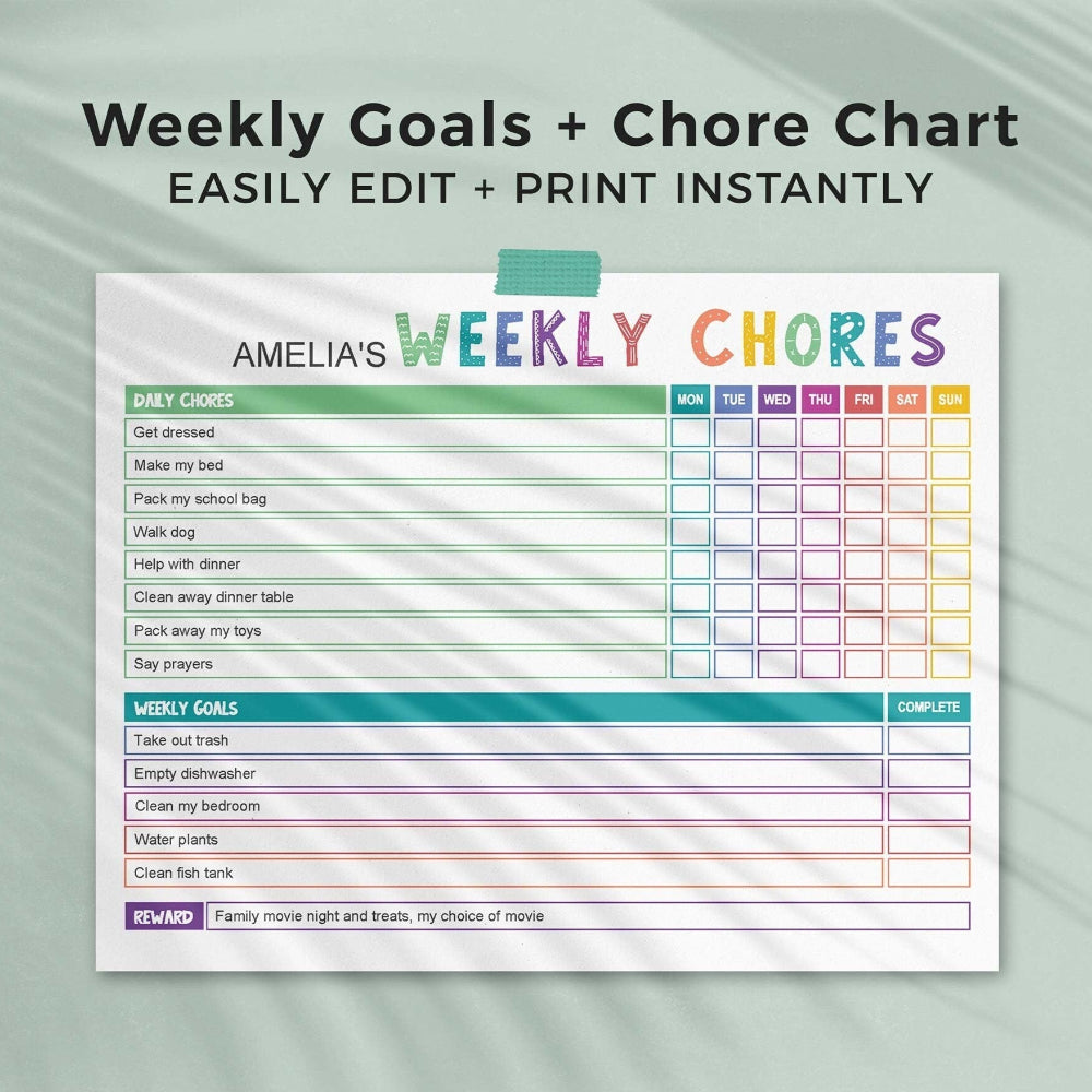 Rainbow editable chore chart PDF weekly goals landscape page