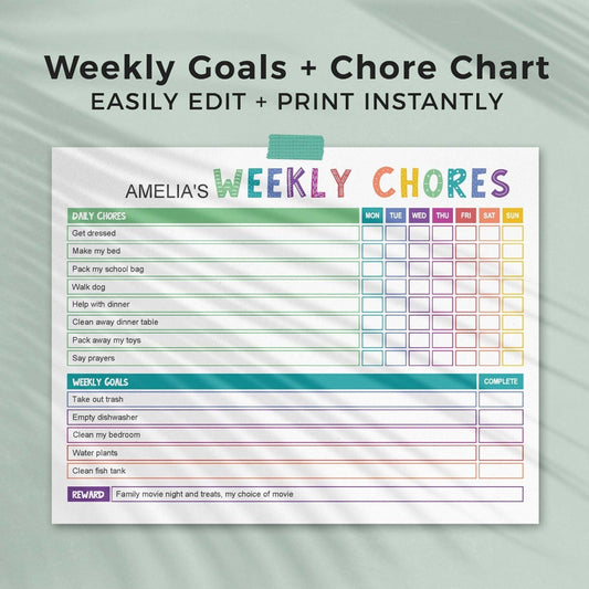Rainbow editable chore chart PDF weekly goals landscape page