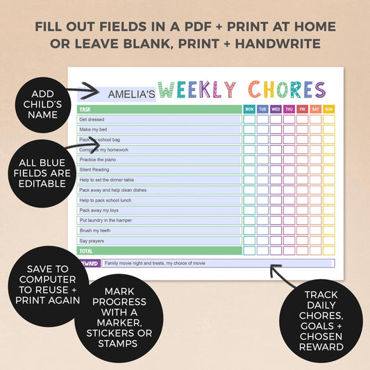 Colorful rainbow weekly chore chart, showing where to edit and suggestions on how to use the chart
