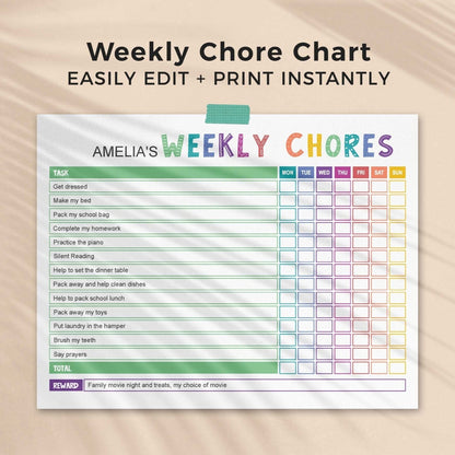 Landscape orientation colorful rainbow weekly chore chart, with sections for different tasks, days of the week and a reward