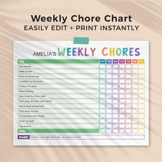 Landscape orientation colorful rainbow weekly chore chart, with sections for different tasks, days of the week and a reward