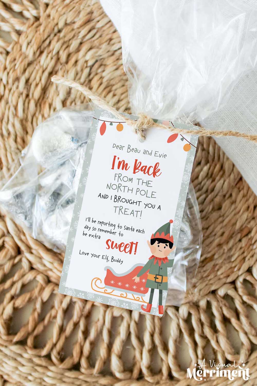 vertical elf on the shelf i’m back gift tag tie to bag of candy treats