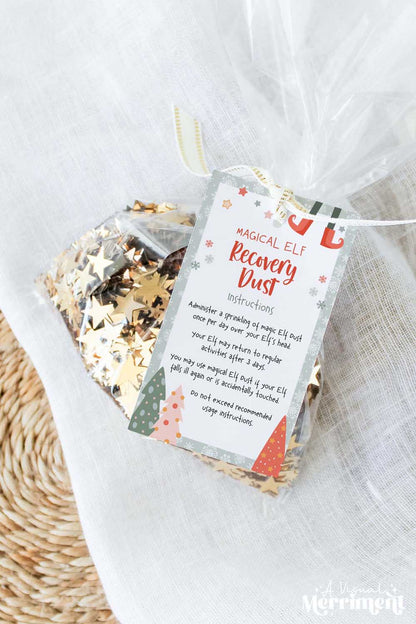 vertical elf on the shelf touched magic dust gift tag tied to bag of glitter sparkles