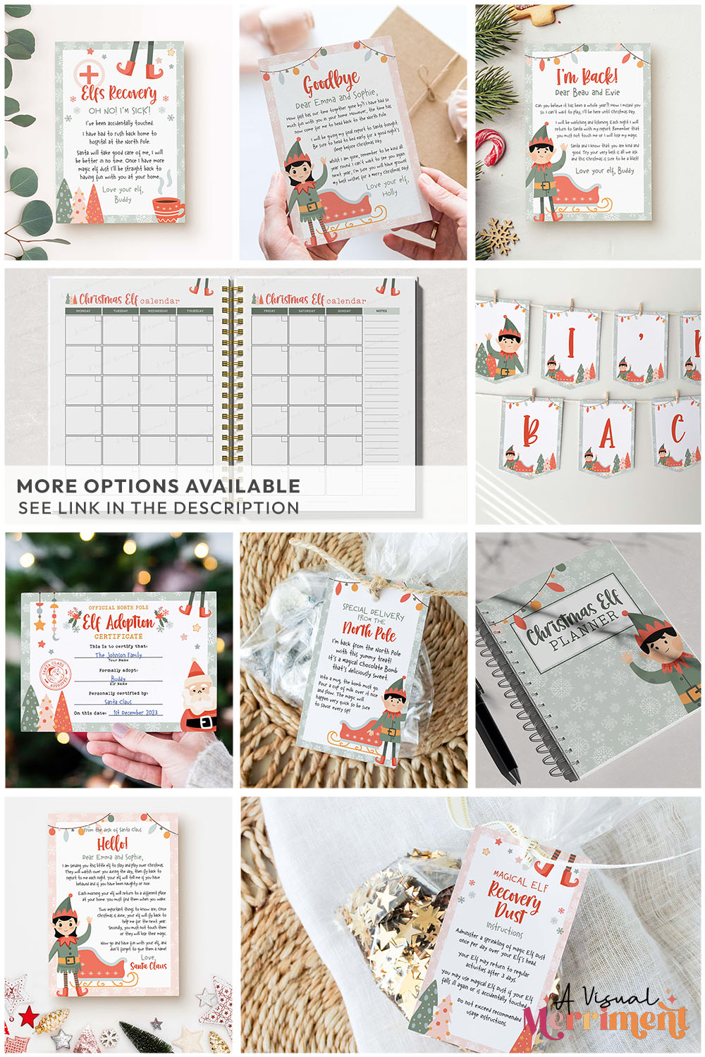 Collage of elf on the shelf printable letters, certificates, decor and planners