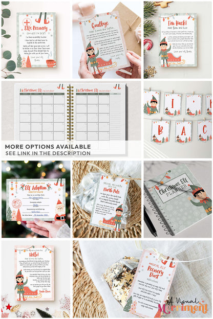 Collage of elf on the shelf printable letters, certificates, decor and planners