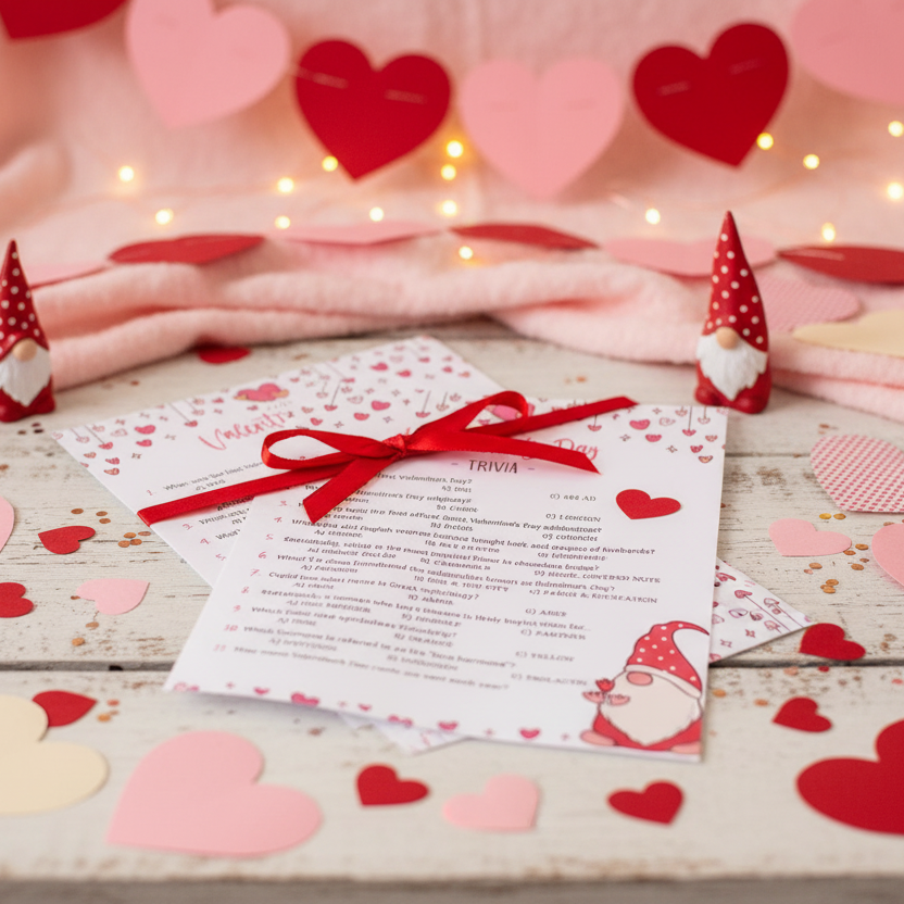 Gnome Valentine Game in Valentine's Day scene with paper hearts