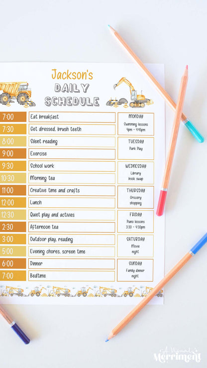 vertical of construction editable printable daily schedule and pencils