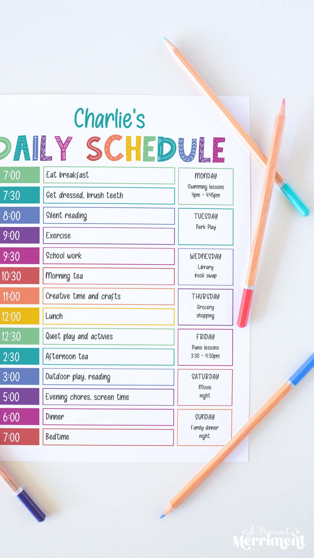 Vertical of editable printable kids rainbow daily schedule with pencils