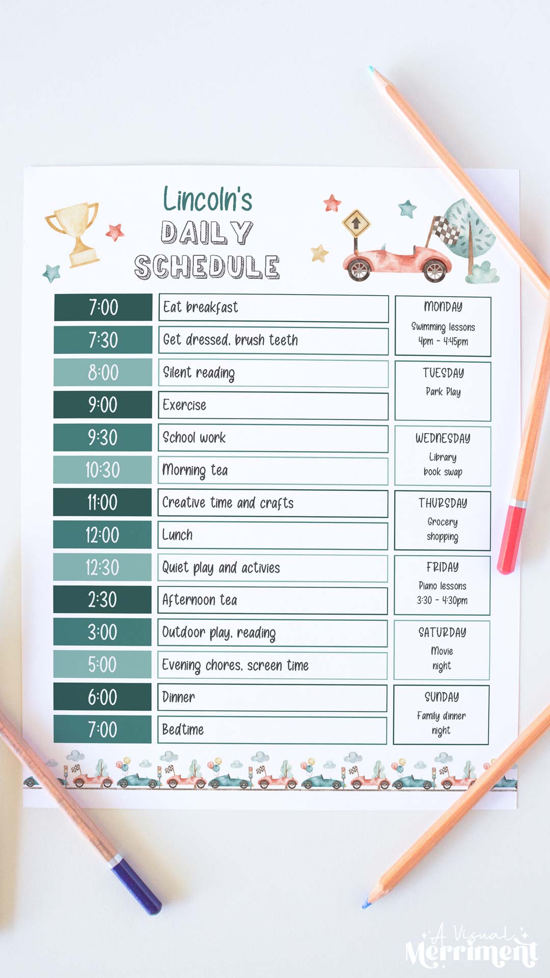 vertical of race car editable printable daily schedule and pencils