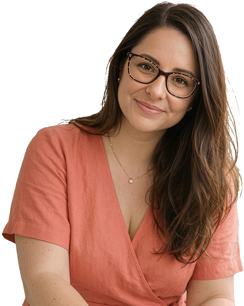 lauren a visual merriment printables wearing glasses in coral dress