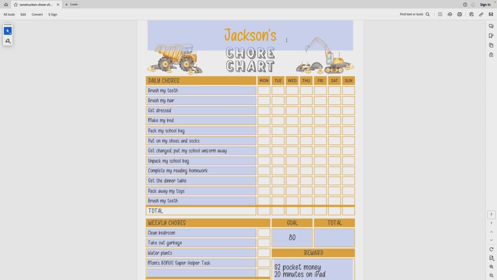 how to edit editable printable construction chore chart pdf video
