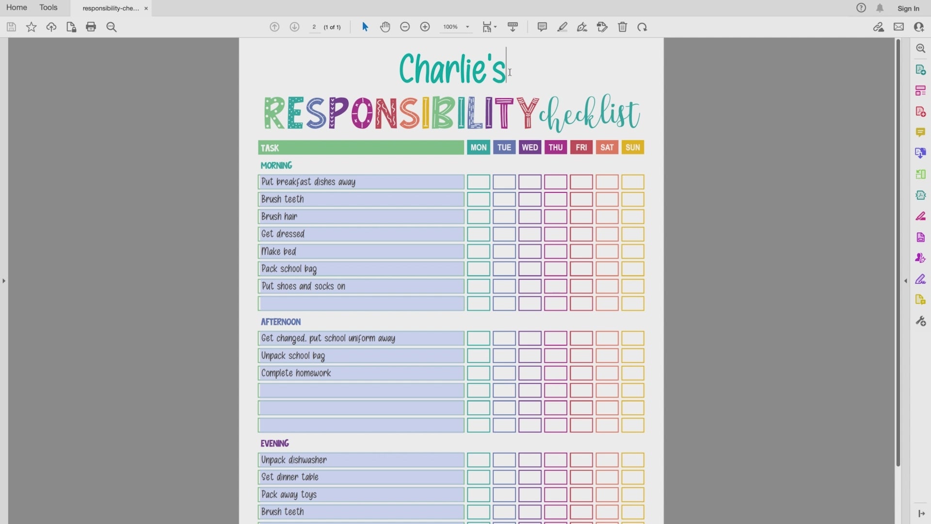 Editing rainbow editable responsibility checklist PDF video